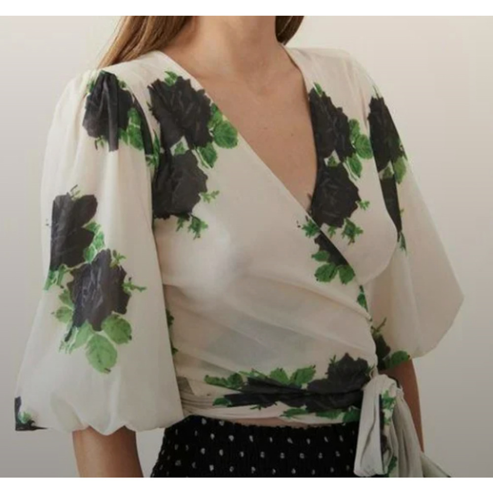 Ganni White Wrap Blouse with Black and Green Floral Print